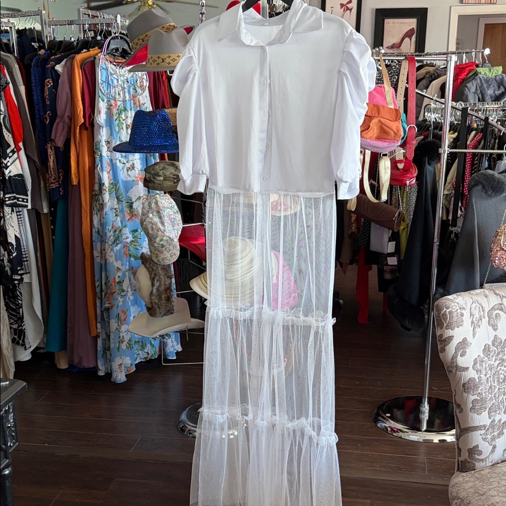 White Sheer Maxi Dress with Puff Sleeves
